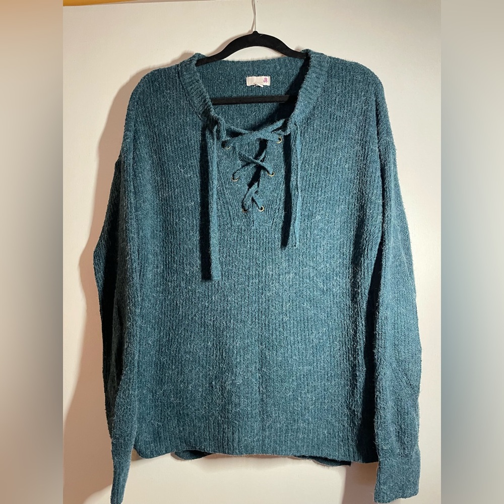 Teal lace up criss-cross long sweater